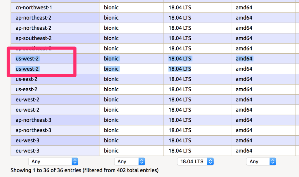 Search first column for AWS Region You Want